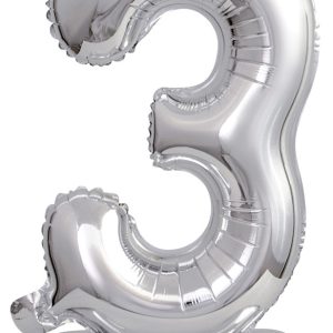 Ezüst Silver mini 3-as szám fólia lufi talppal 38 cm