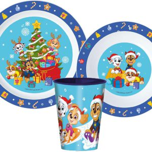 Mancs Őrjárat Holiday Karácsonyi étkészlet, micro műanyag szett, pohárral 260 ml