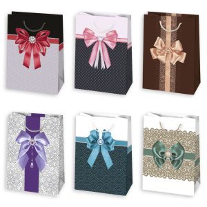 Színes Elegant Bow papír ajándéktasak, ajándékzacskó 23x32x11 cm