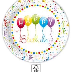 Happy Birthday Streamers papírtányér 8 db-os 23 cm FSC