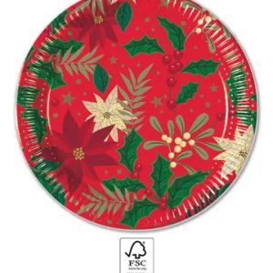Karácsonyi Holly Poinsettia papírtányér 8 db-os 23 cm FSC